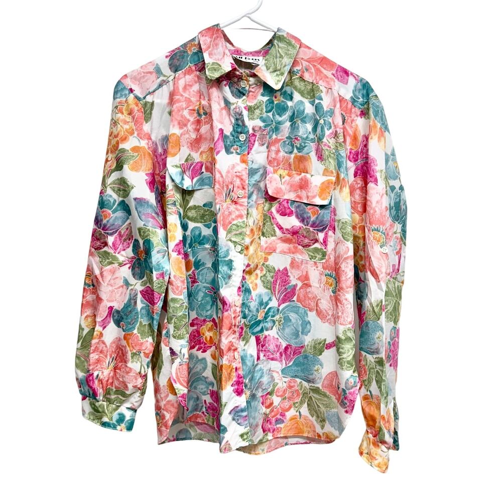 Vintage‎ All Hours Paris Floral Pastel Colored Button Up Long Sleeve Top Medium